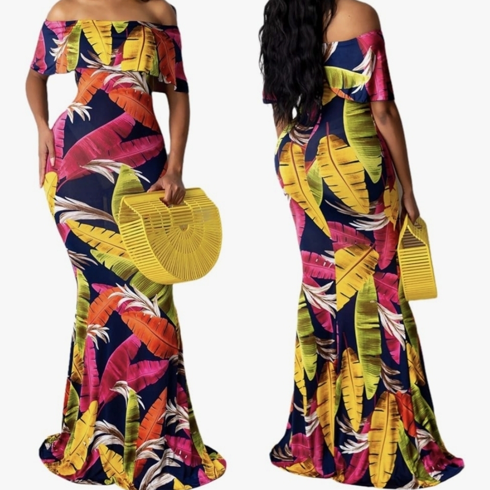 💥💥Tropical Maxi Dress for Women Sexy Off The Shoulder  Size Small
